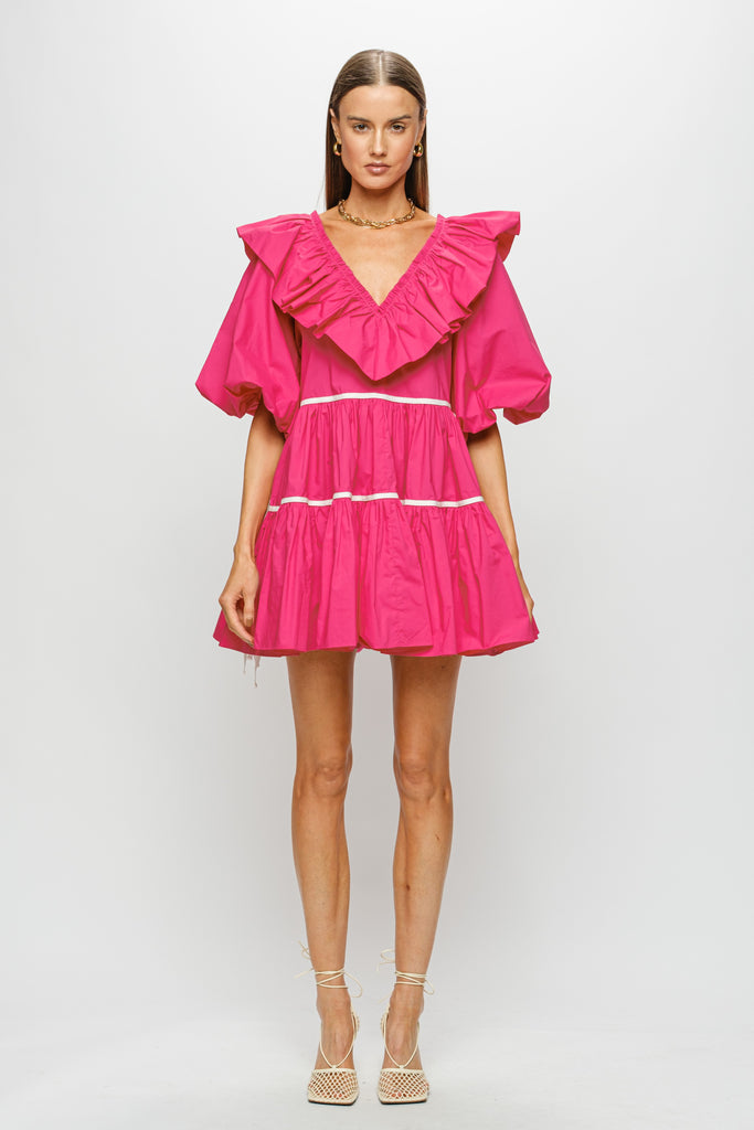 Pink Ruffle V-Neck Dress With Puff Sleeves Clothing Sofie the Label   