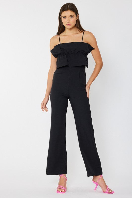 Jumpsuit With Side Zipper and Ruffled Top Clothing Faith Apparel Black S 