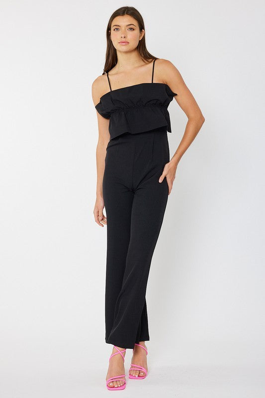 Jumpsuit With Side Zipper and Ruffled Top Clothing Faith Apparel   