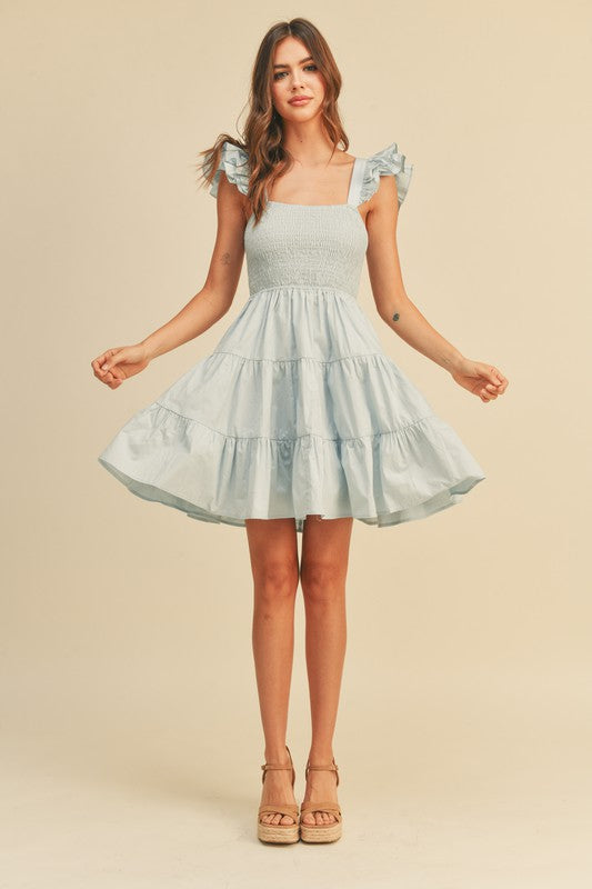 Blue Smocked Tiered Ruffle Strap Dress Clothing Miou Muse   