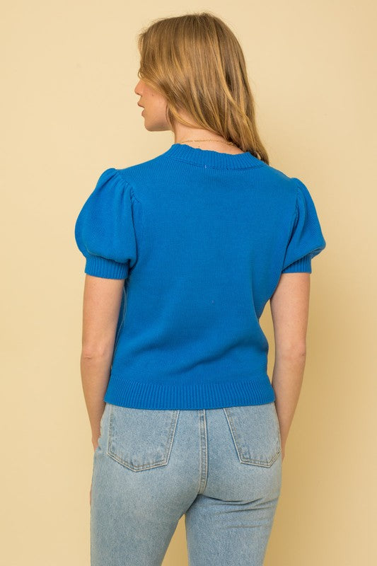 Puff Sleeve Ribbed Knitted Top Blue