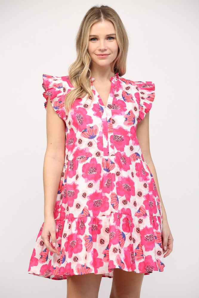 Pink/White Floral Flutter Sleeve Dress Clothing Fate   