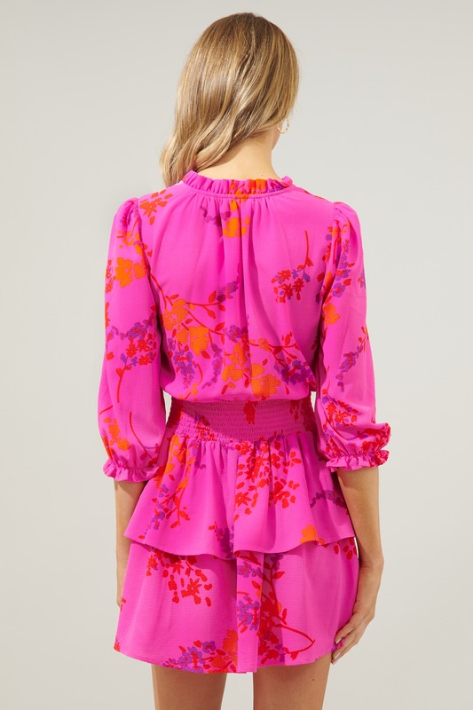 Pink Floral Ruffle 3/4 Slv Dress Clothing SugarLips   