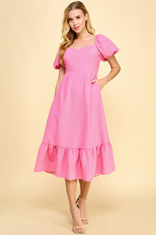Pink Textured Puff Sleeve Midi Dress Clothing TCEC   