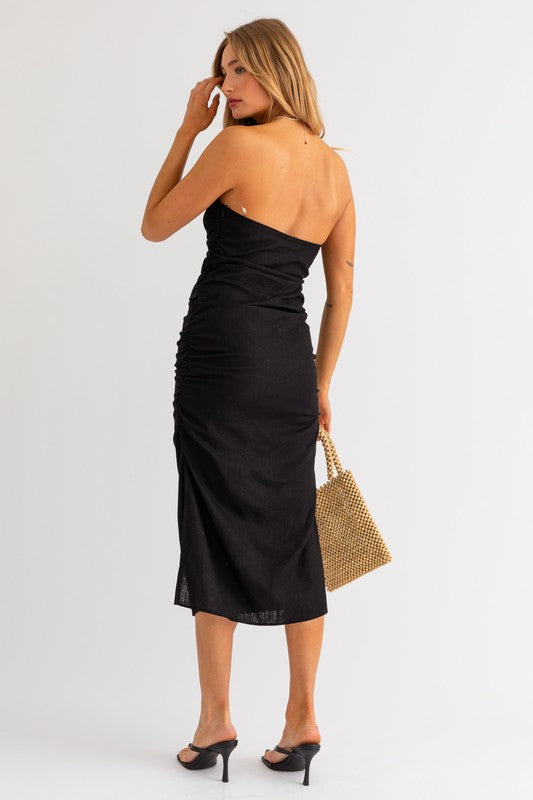Black Strapless Ruched Midi Dress Clothing Le Lis   