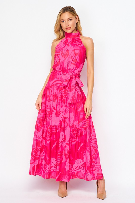 Pink Printed Halter Neck Maxi Dress Clothing Faith Apparel   