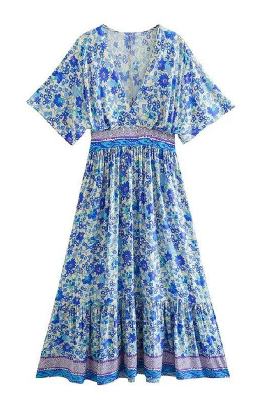 Blue Floral V-neck Midi Dress Peacocks & Pearls Lexington Blue Floral V-neck Midi Dress Peacocks & Pearls Lexington