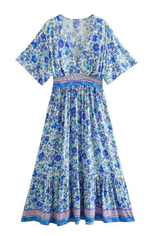 Blue Floral V-neck Midi Dress Clothing Sundayup   