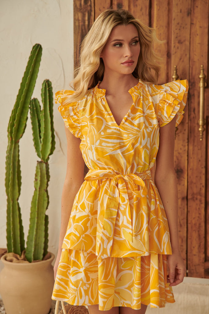 Yellow Tropical Flutter Sleeve Tiered Dress Clothing SugarLips   