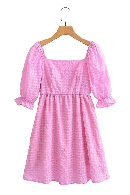 Plaid Short Puff Sleeve Dress Clothing Sundayup   