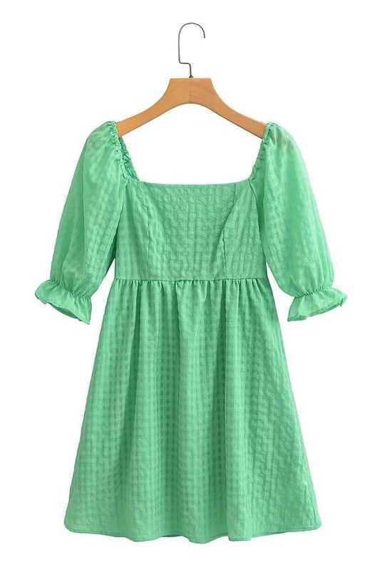 Plaid Short Puff Sleeve Dress Clothing Sundayup   