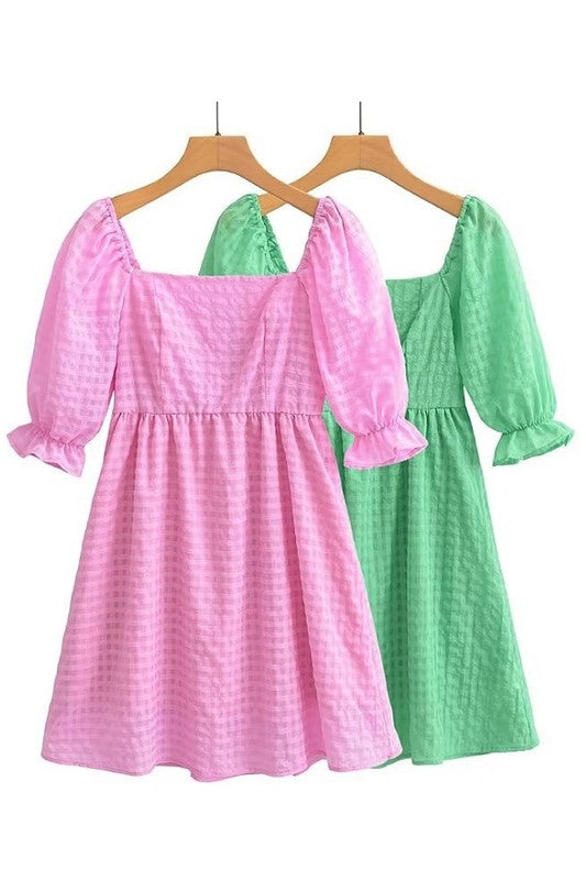 Plaid Short Puff Sleeve Dress Clothing Sundayup   