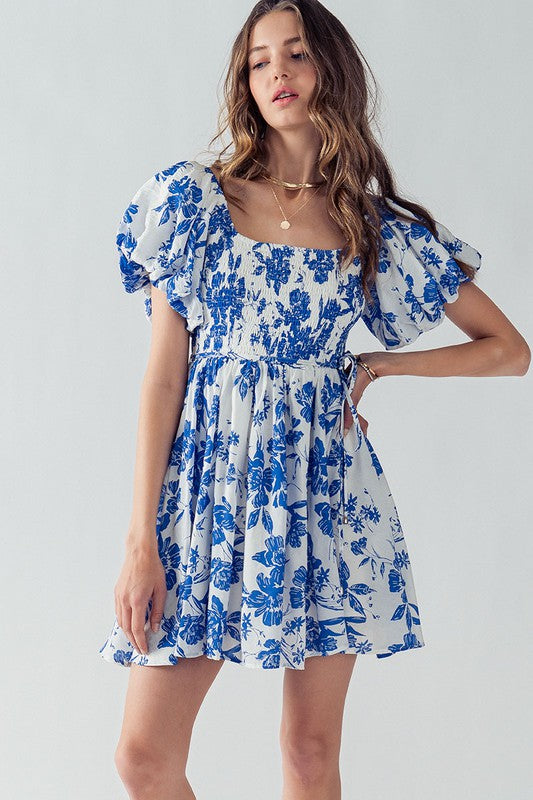 Royal/White Floral Smocked W/ Bubble Sleeve Dress Clothing Trend:Notes   