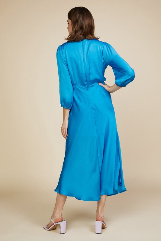 Teal Midi Sleeve Front Slit Satin Dress Clothing Skies Are Blue   