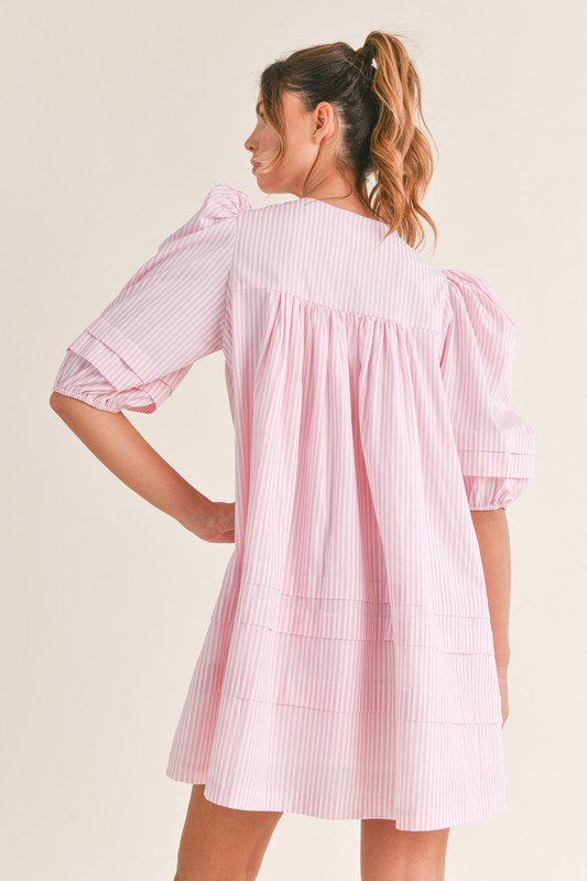 Pink Pinstripe Puff Sleeve Shirt Dress Clothing Mabel   