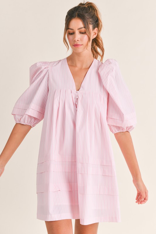 Pink Pinstripe Puff Sleeve Shirt Dress Clothing Mabel   