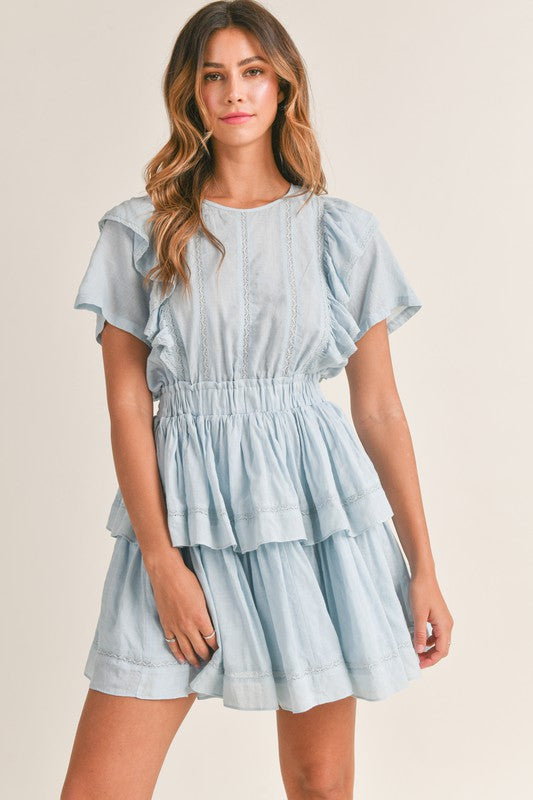 Blue W/ Lace Trim Ruffle Detail Dress Clothing Mable   