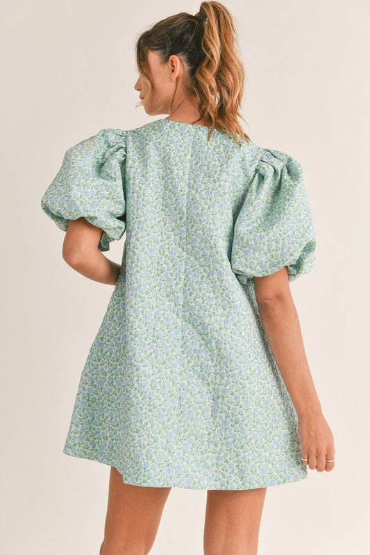 Blue/Green Jacquard Print Puff Sleeve Dress Clothing Mabel   