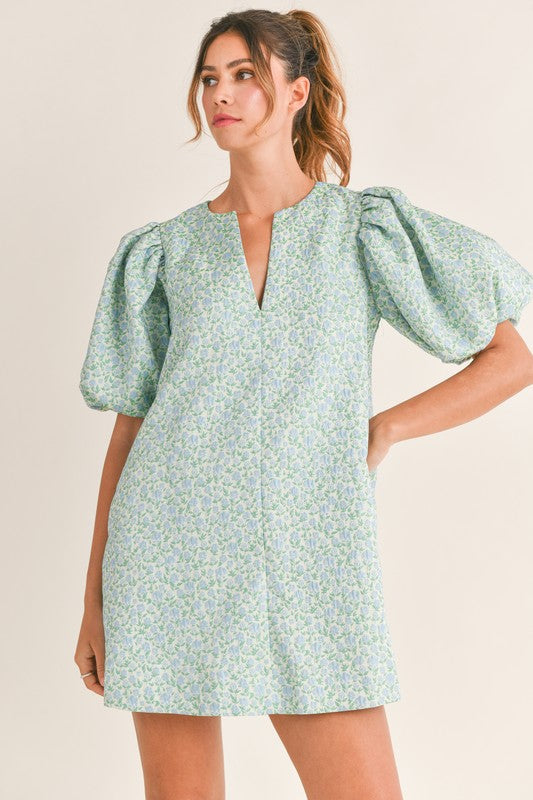 Blue/Green Jacquard Print Puff Sleeve Dress Clothing Mabel   