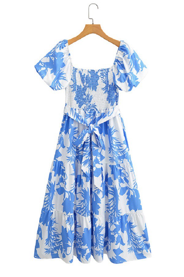 Blue/White Floral Smocked Bubble Midi Dress Clothing Sundayup   