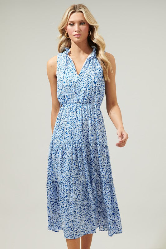 Blue Floral Midi Tie Front Dress Peacocks & Pearls Lexington Blue Floral Midi Tie Front Dress Peacocks & Pearls Lexington