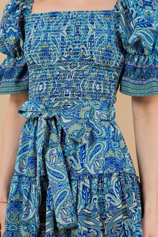 Blue Paisley Smocked Tiered Puff Sleeve Dress Clothing Sundayup   