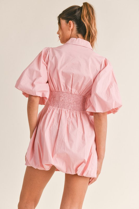 Puff Sleeve Bubble Hemline Button Down Dress Puff Sleeve Bubble Hemline Button Down Dress