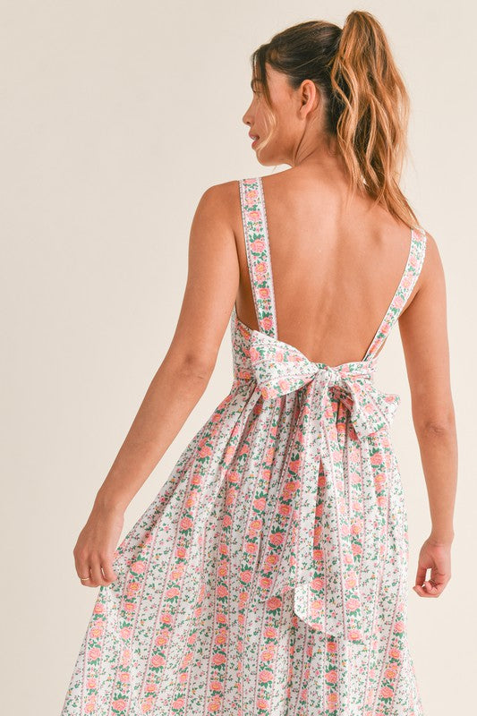 Pink Floral Midi Square Neck Bow Back Dress Pink Floral Midi Square Neck Bow Back Dress