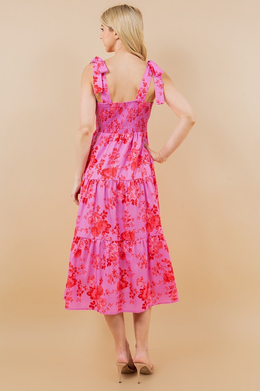 Pink/Red Floral Tie Top Tiered Midi Dress Peacocks & Pearls Lexington Pink/Red Floral Tie Top Tiered Midi Dress Peacocks & Pearls Lexington