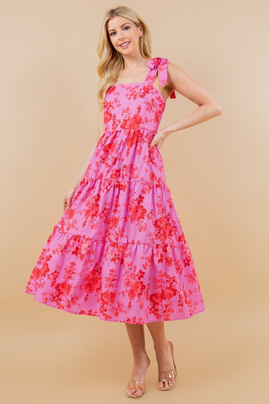 Pink/Red Floral Tie Top Tiered Midi Dress Clothing Sundayup   
