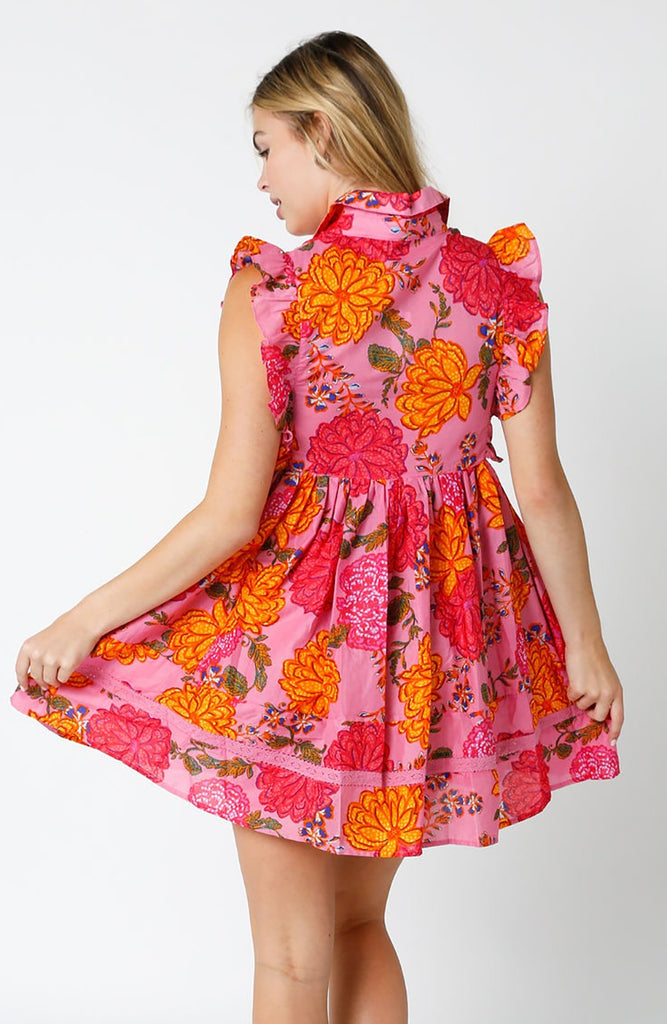 Pink Flutter Tropical Floral Button Dress Clothing Olivaceous   