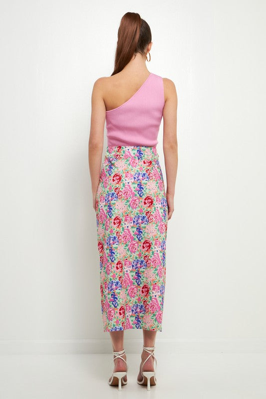 Floral High Wasted Midi Skirt W/ Slit Clothing August Apparel   