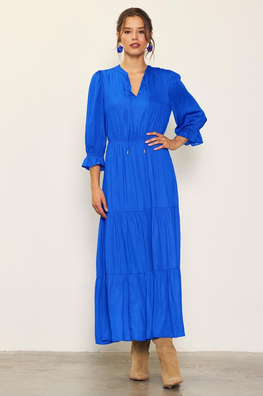 V-Neck Tiered Maxi Dress Clothing Skies Are Blue Blue XS 