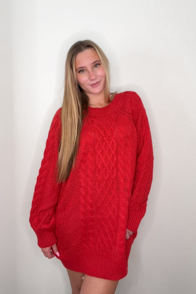 Crimson Cheer Sweater Dress Clothing Peacocks & Pearls Lexington   