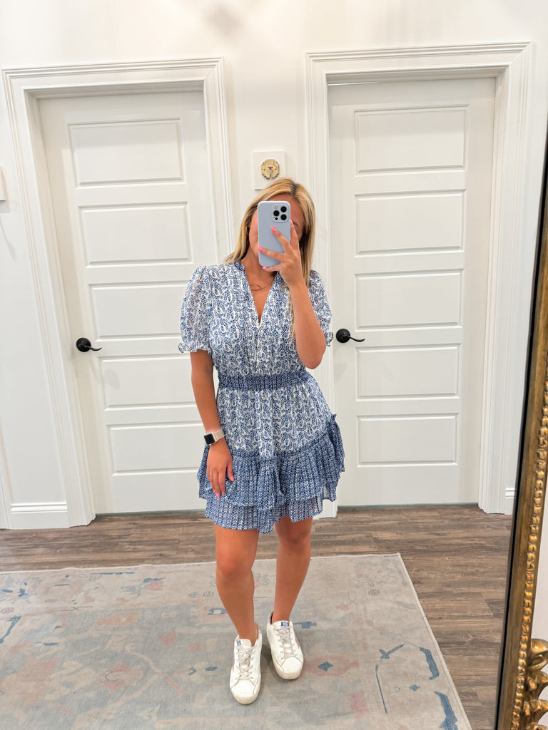 Gretta Royal Patterned Short Dress Clothing Peacocks & Pearls Lexington   