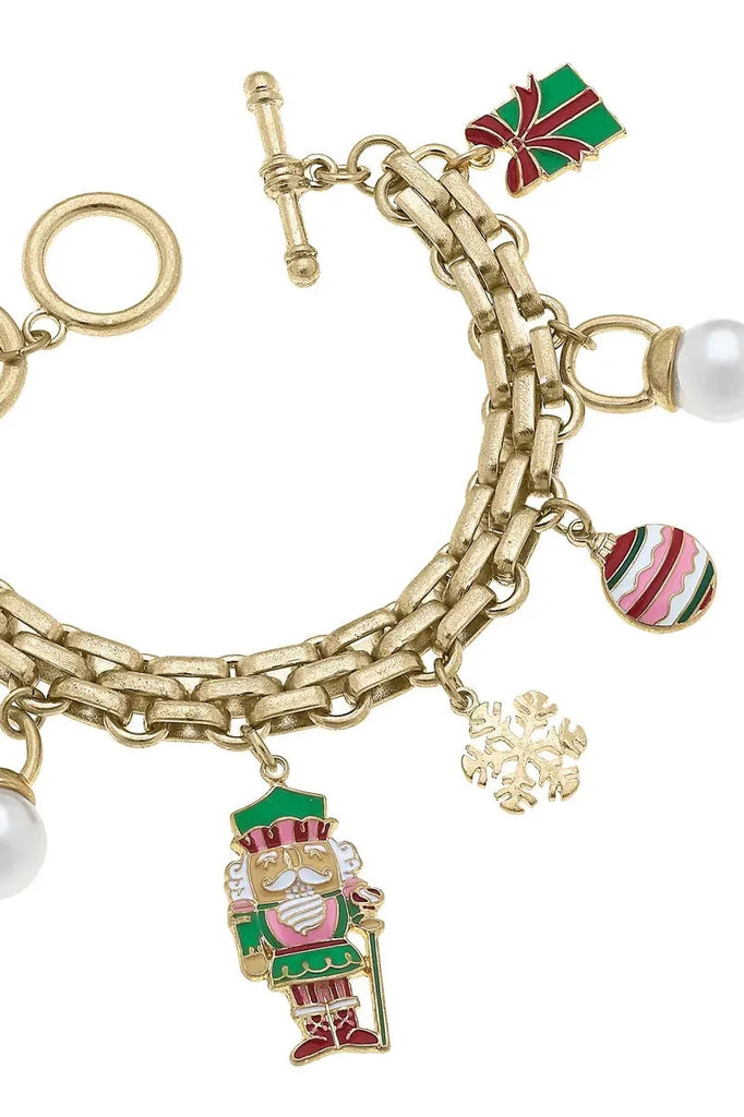 Naughty Nutcracker Enamel Charm Bracelet in Pink & Green Jewelry Peacocks & Pearls Lexington   