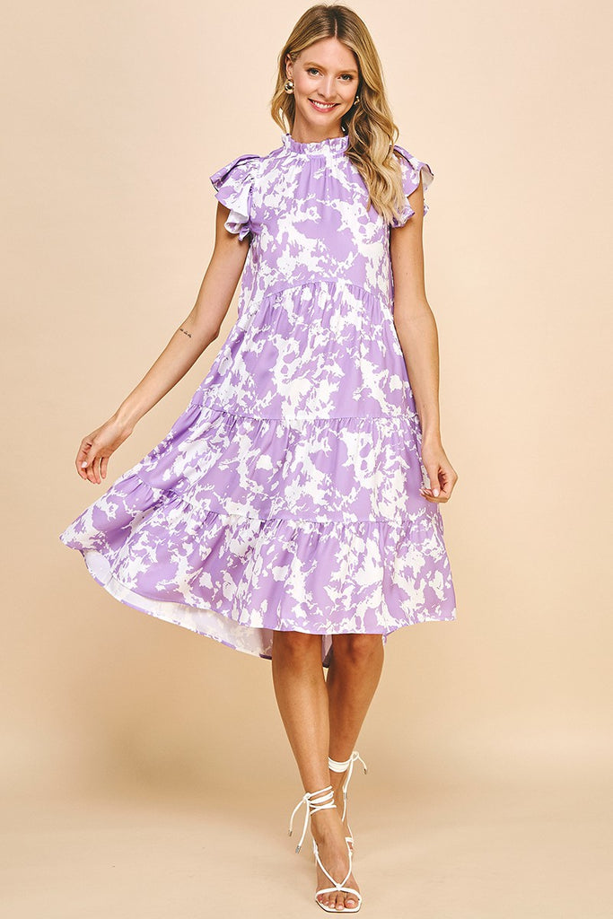 Abstract Print Tiered Midi Dress Clothing Pinch Purple S 