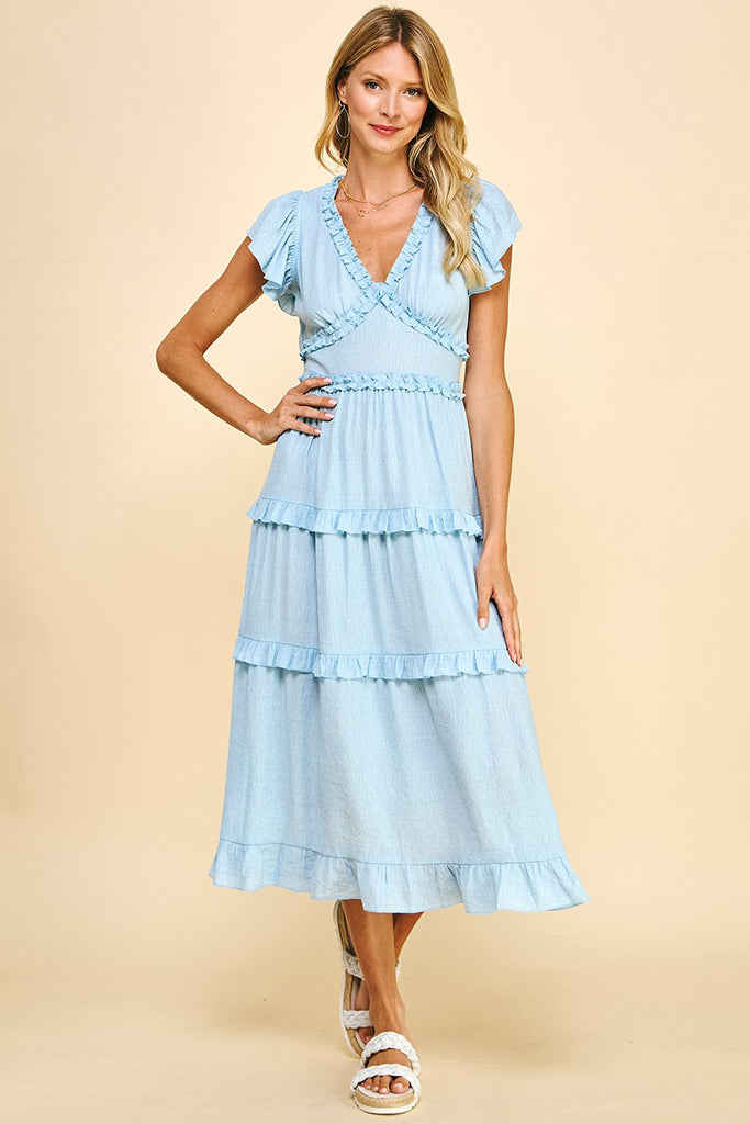 Ruffle Tiered Vneck Midi Dress Clothing Peacocks & Pearls Lexington   