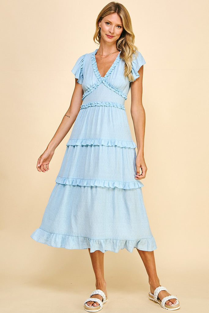 Ruffle Tiered Vneck Midi Dress Clothing Peacocks & Pearls Lexington Blue S 