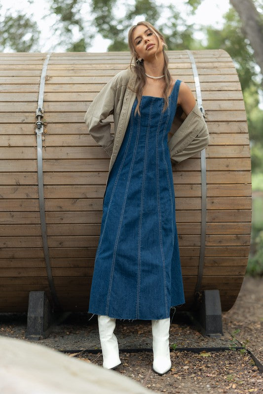 Down For It Denim Midi Dress L