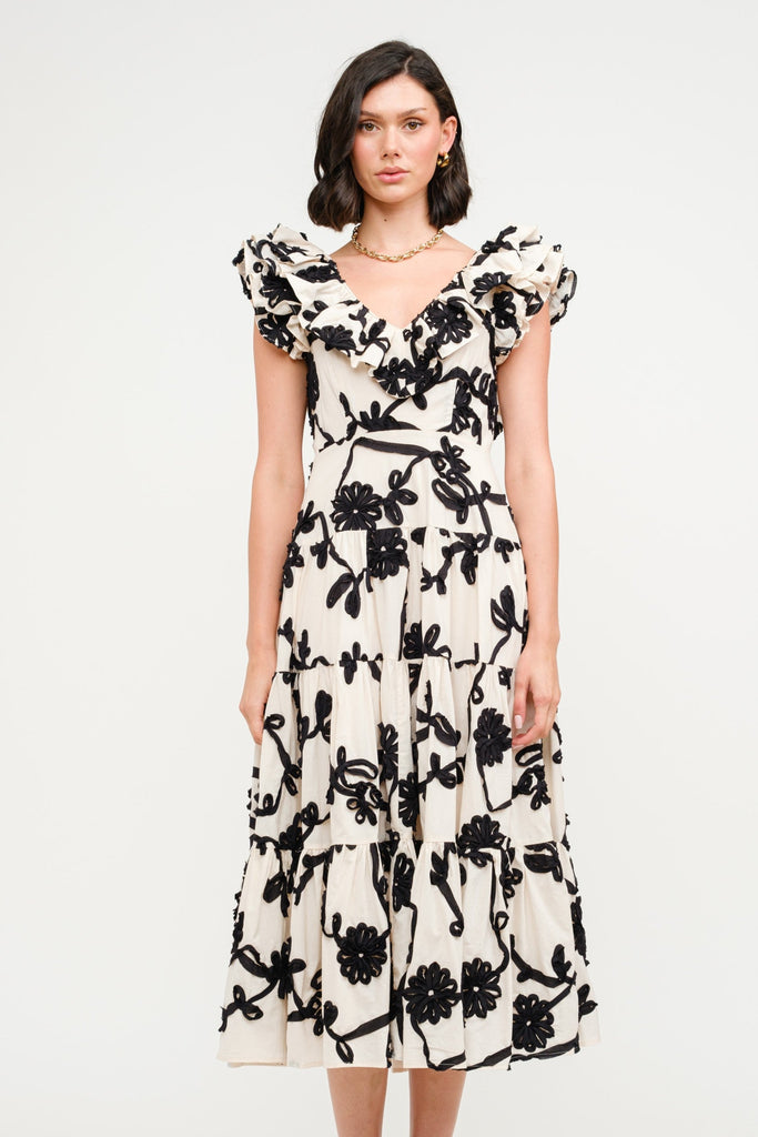 Floral Noir Applique Midi Dress Clothing Peacocks & Pearls Lexington