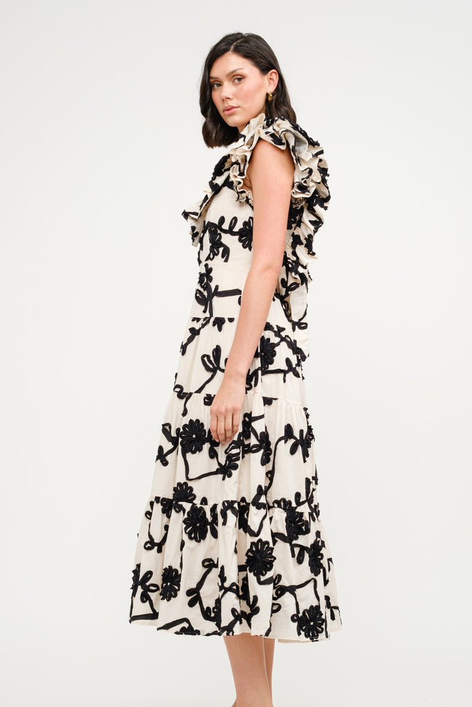 Floral Noir Applique Midi Dress Clothing Peacocks & Pearls Lexington