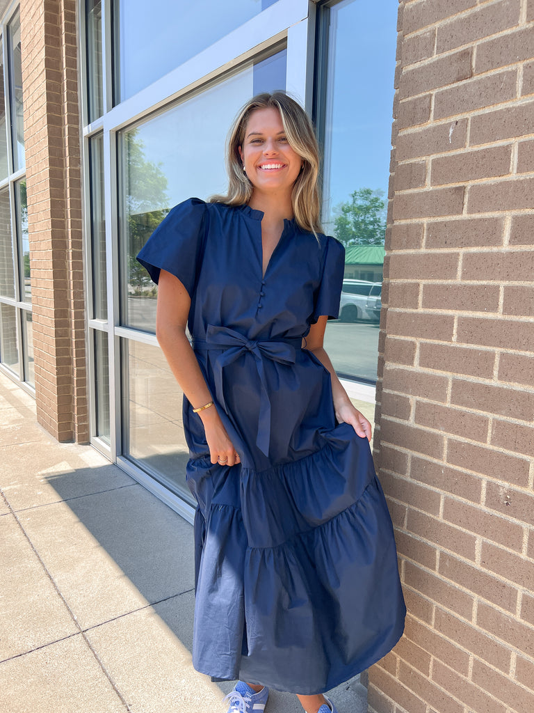 Britt Poplin Tiered Midi Dress Clothing Peacocks & Pearls Lexington   