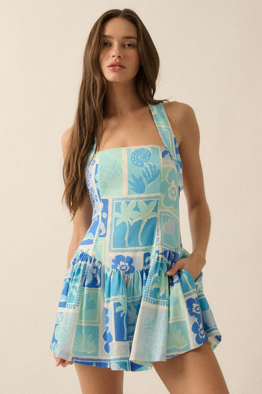 Tropical Blues Halter Dress Clothing Peacocks & Pearls Lexington