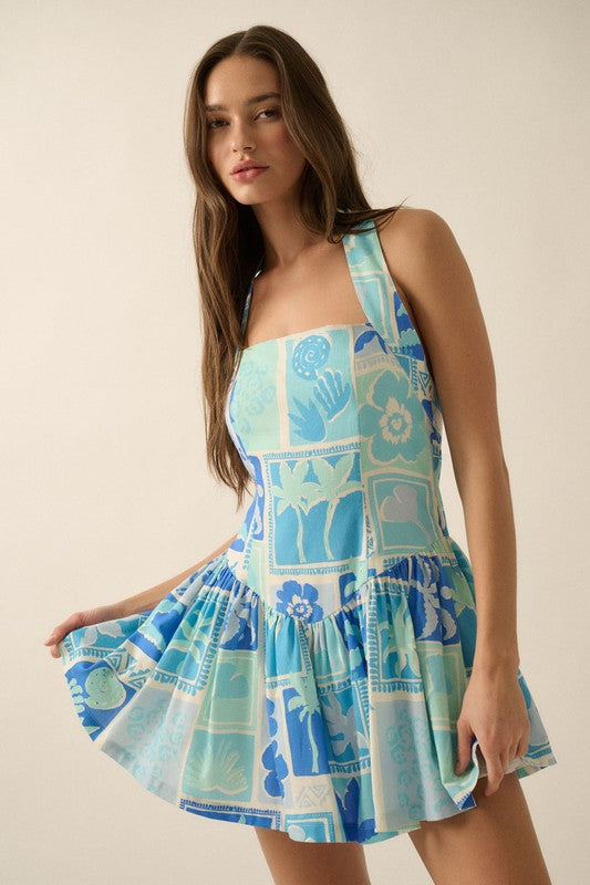 Tropical Blues Halter Dress Clothing Peacocks & Pearls Lexington