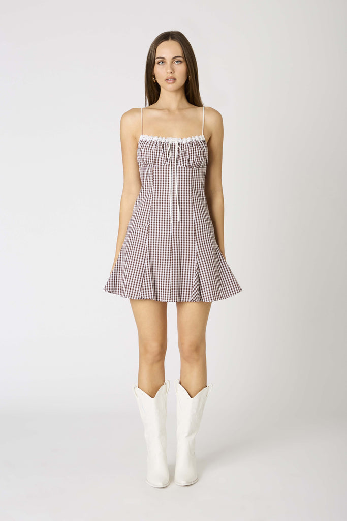 Gingham Glow Short Dress Clothing Peacocks & Pearls Lexington Brown/White XS