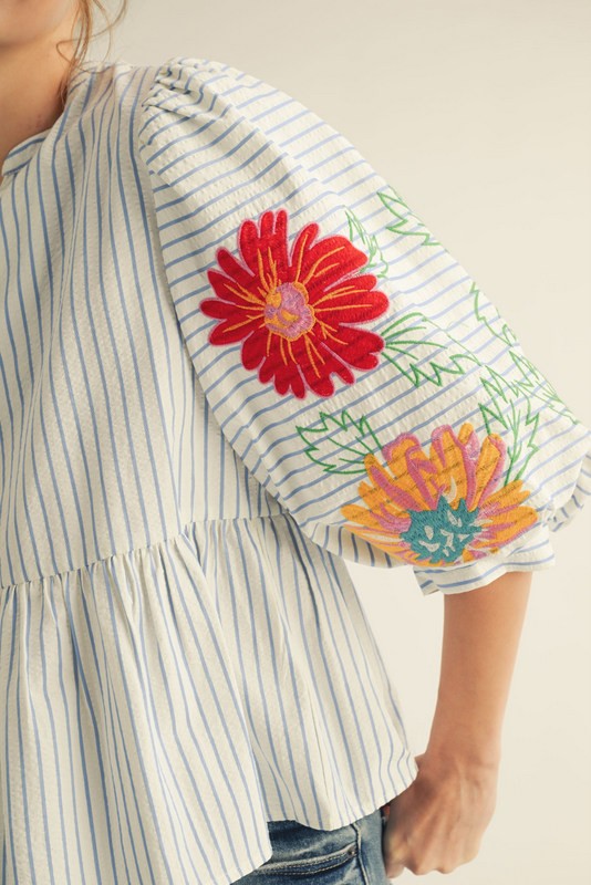 Embroidered Stripe Babydoll Top Clothing Peacocks & Pearls Lexington