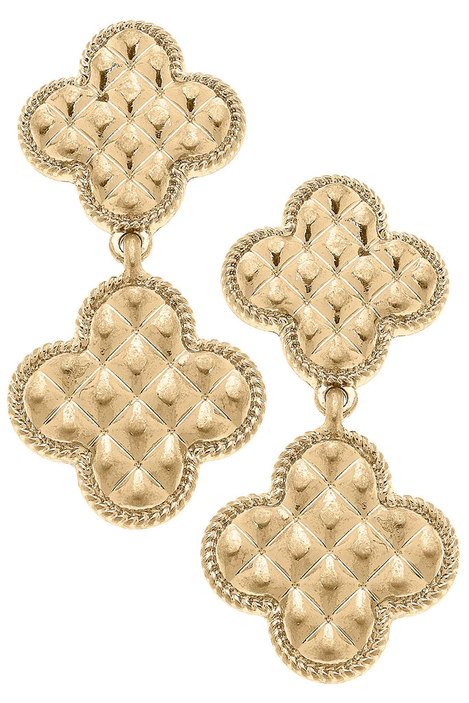 Olympia Quilted Metal Clover Drop Earrings in Worn Gold Jewelry Canvas Style   