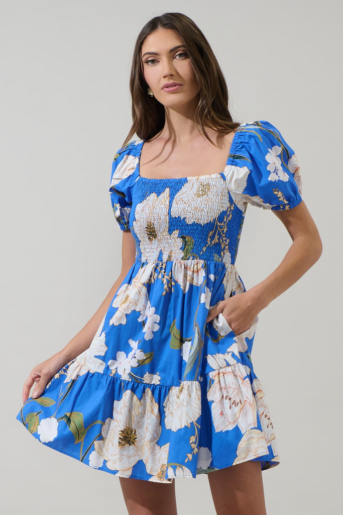 Roswell Floral Smocked Short Dress Clothing Peacocks & Pearls Lexington