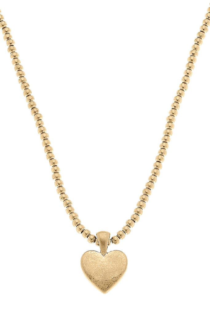 Macy Heart Pendant with Ball Bead Chain Necklace in Worn Gold Jewelry Canvas Style   